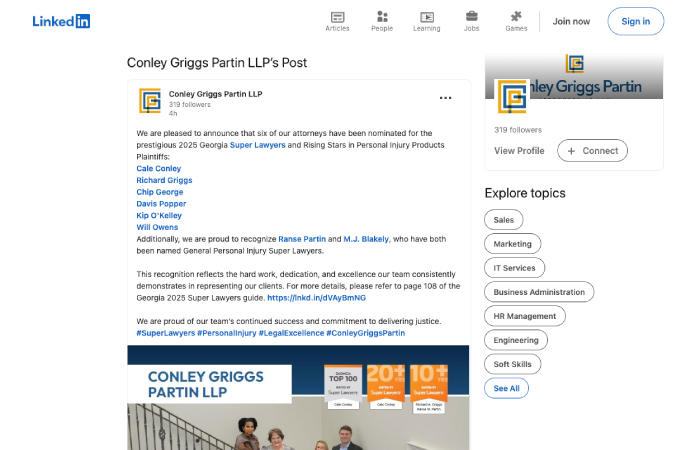 Screenshot of a Linkedin post announcing nomination for the 2025 Georgia Super Lawyers and Rising Stars